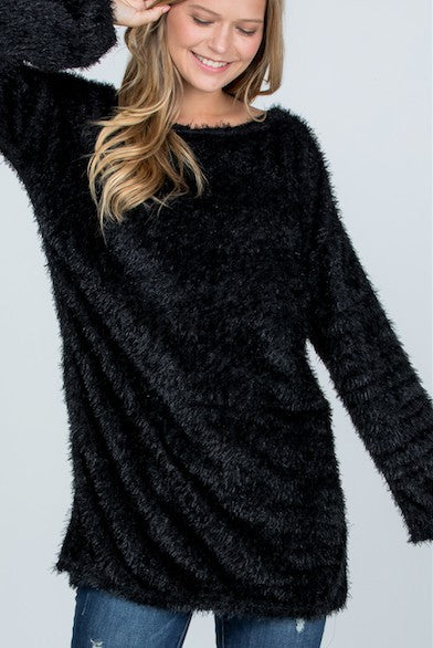 Women Boat Neck Fuzzy Furry Sweater Knit Pullover Loose Fit Tunic Top