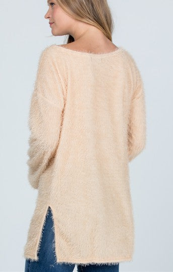 Women Boat Neck Fuzzy Furry Sweater Knit Pullover Loose Fit Tunic Top