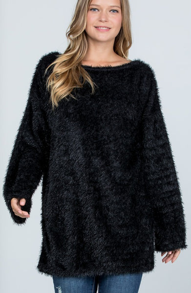 Women Boat Neck Fuzzy Furry Sweater Knit Pullover Loose Fit Tunic Top