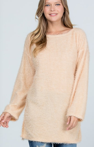 Women Boat Neck Fuzzy Furry Sweater Knit Pullover Loose Fit Tunic Top