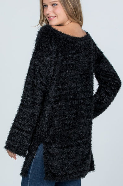Women Boat Neck Fuzzy Furry Sweater Knit Pullover Loose Fit Tunic Top