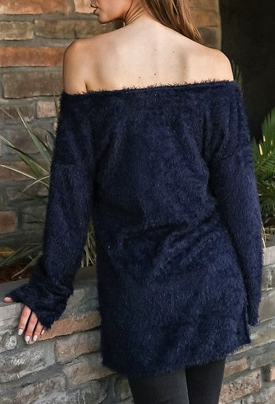 Women Boat Neck Fuzzy Furry Sweater Knit Pullover Loose Fit Tunic Top