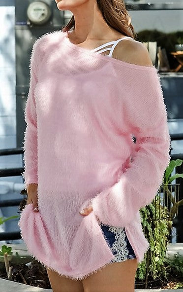 Women Boat Neck Fuzzy Furry Sweater Knit Pullover Loose Fit Tunic Top
