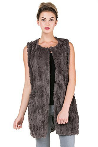 Women's Faux Fur Long Vest with Pocket on the Front - Shop Lev