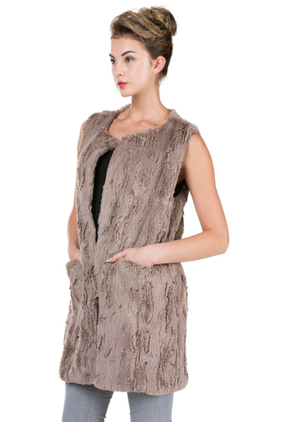 Women's Faux Fur Long Vest with Pocket on the Front - Shop Lev