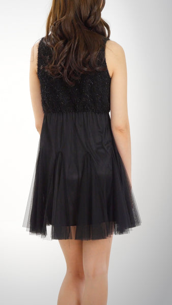 Fluffy Top and Mesh Bottomed Sleeveless Mini Dress - Shop Lev