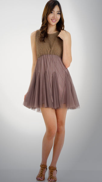 Fluffy Top and Mesh Bottomed Sleeveless Mini Dress - Shop Lev