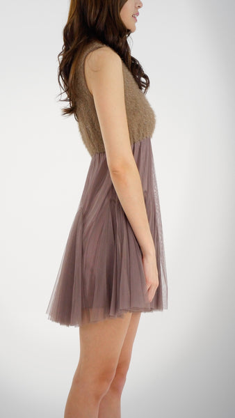Fluffy Top and Mesh Bottomed Sleeveless Mini Dress - Shop Lev