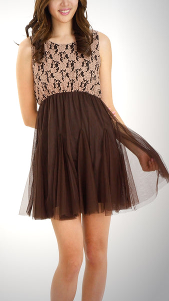 Sleeveless Sheer Lace Body Dress with Mesh Skirt - Shop Lev
