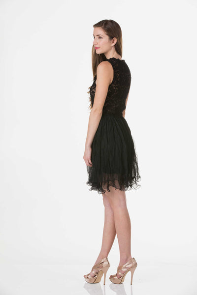 Embossed Lace Midi Dress with Crinkled Mesh Skirt - Shop Lev