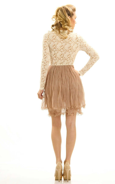 Embossed Lace Long Sleeve Dress with Crinkled Double Mesh Skirt - Shop Lev