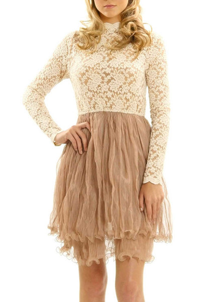 Embossed Lace Long Sleeve Dress with Crinkled Double Mesh Skirt - Shop Lev