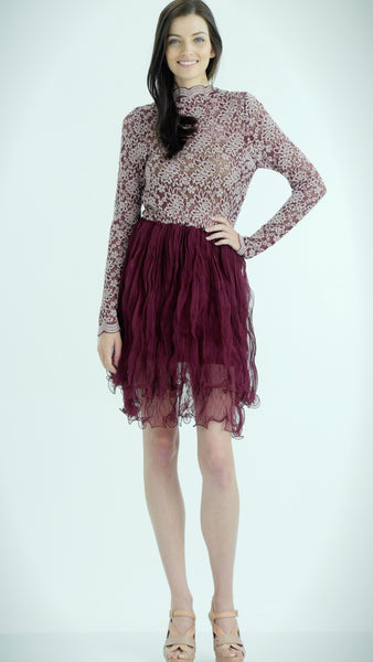 Embossed Lace Long Sleeve Dress with Crinkled Double Mesh Skirt - Shop Lev