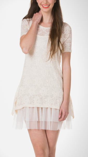 Lace Short Sleeve Dress with Mesh Slip - Shop Lev