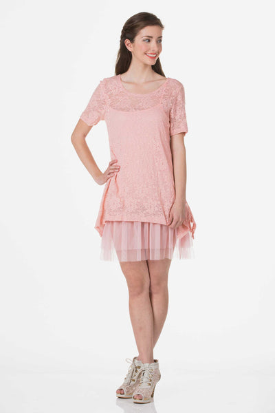 Lace Short Sleeve Dress with Mesh Slip - Shop Lev