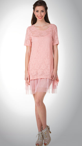 Lace Short Sleeve Dress with Mesh Slip - Shop Lev
