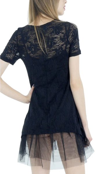 Lace Short Sleeve Dress with Mesh Slip - Shop Lev