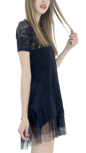Lace Short Sleeve Dress with Mesh Slip - Shop Lev