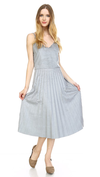V Neck Swede Pleated Dress - Shop Lev