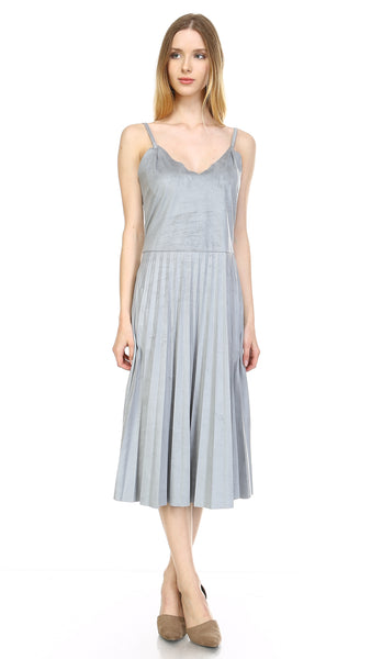 V Neck Swede Pleated Dress - Shop Lev