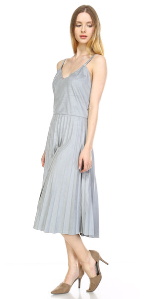 V Neck Swede Pleated Dress - Shop Lev