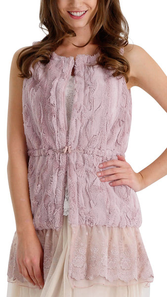 Faux Fur Open Vest with Lace Trim - Shop Lev