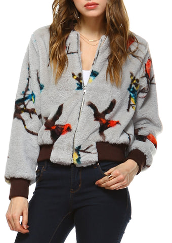 Women Faux Fur Bird Print Bomber Jacket - Shop Lev