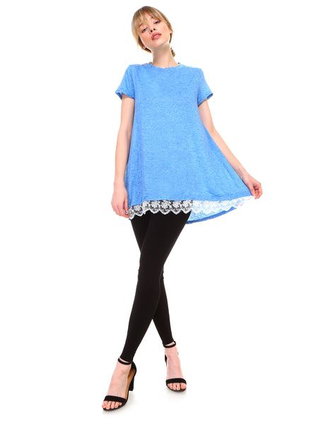 Women lace trim short sleeve casual flare tunic tops cotton blend - Shop Lev