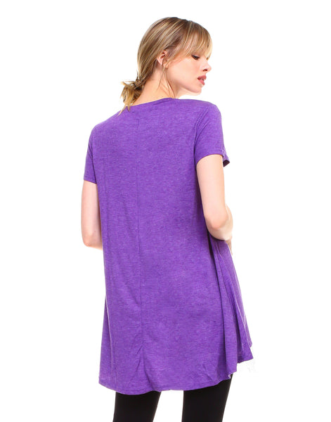 Women lace trim short sleeve casual flare tunic tops cotton blend - Shop Lev