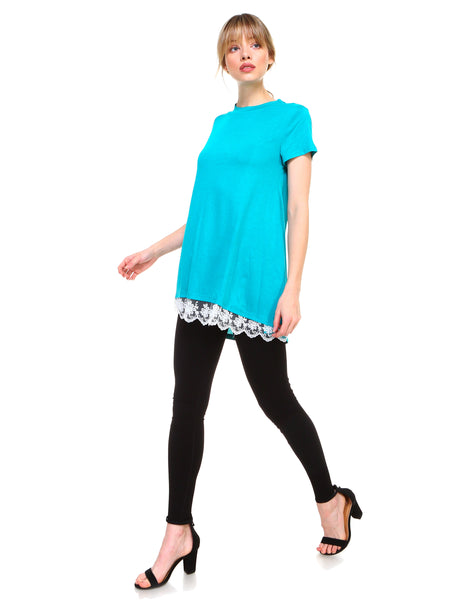 Women lace trim short sleeve casual flare tunic tops cotton blend - Shop Lev