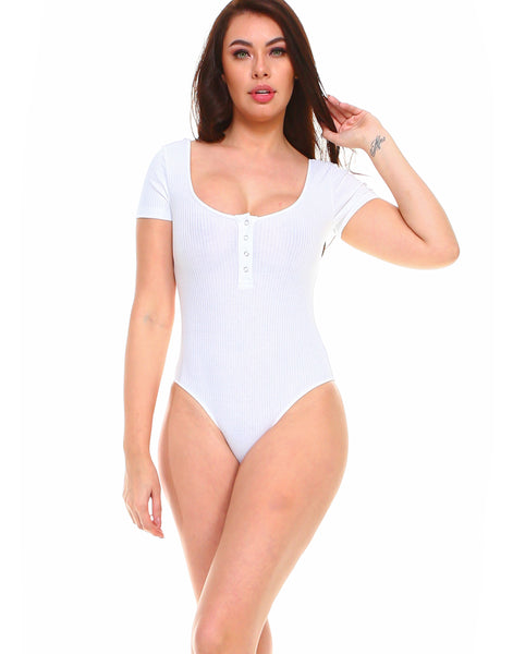 Solid ribbed cotton sexy stretchy short sleeve bodysuit - Shop Lev