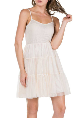 Women's Camisole Short Slip Dress with Tiered Mesh Skirt and Adjustable Straps - Shop Lev