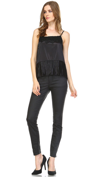 Lace Neck Trim Satin Camislole with ruffle - Shop Lev