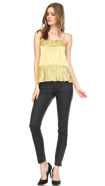 Lace Neck Trim Satin Camislole with ruffle - Shop Lev