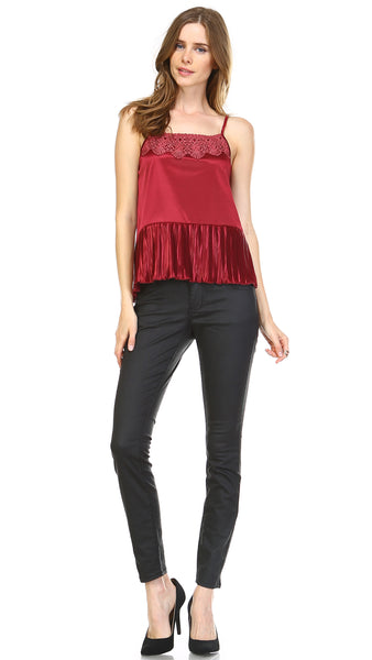 Lace Neck Trim Satin Camislole with ruffle - Shop Lev