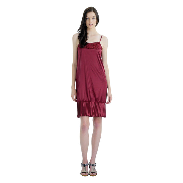 Women Satin Full Slip Lace Trim on Neck with Pleated Bottom - Non Seethrough - Shop Lev