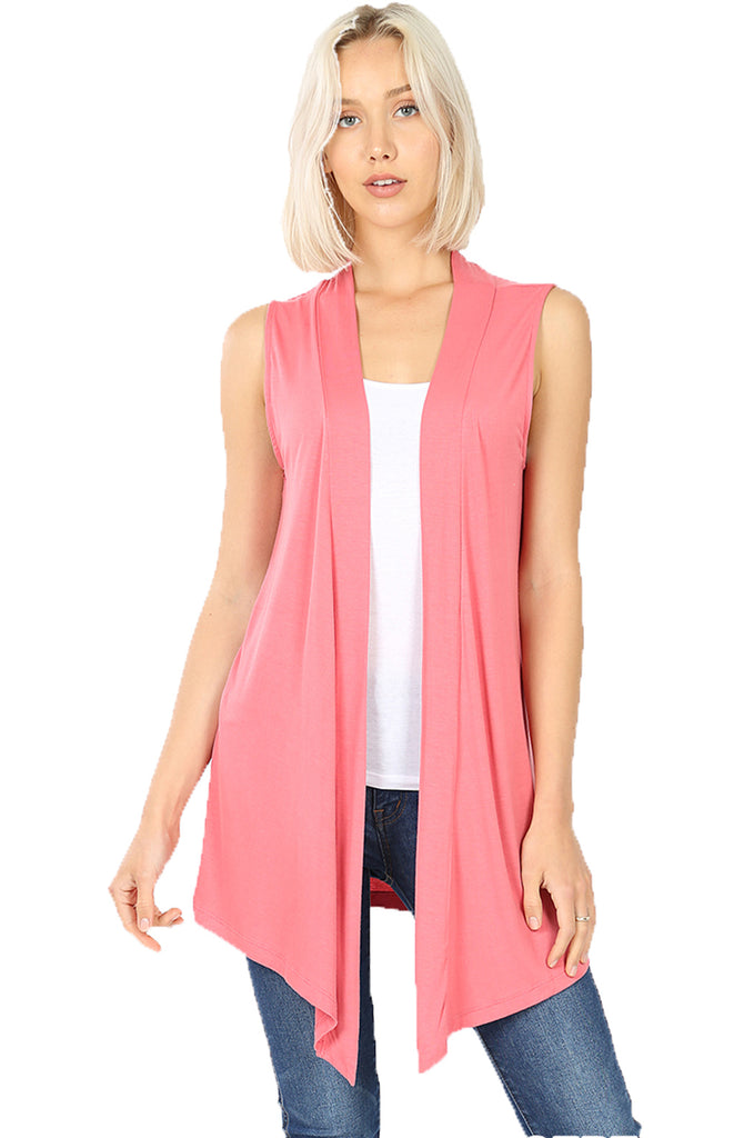 Women Draped Flowy Lightweight Jersey Casual Layering midi Length Cardigan Vest -Sleeveless and Long Sleeves