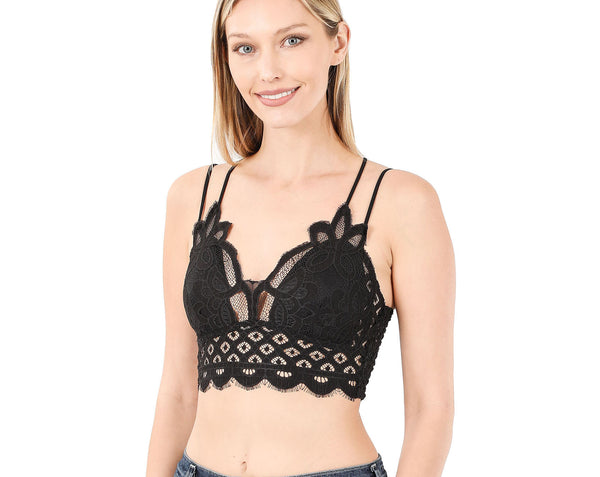Women’s Crochet Sexy Lace Bralette with Removable Pads and Cross Back Adjustable Strap