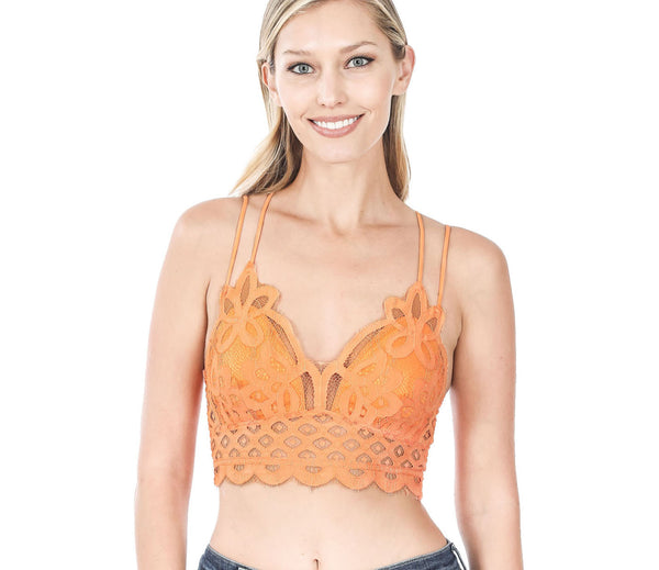 Women’s Crochet Sexy Lace Bralette with Removable Pads and Cross Back Adjustable Strap