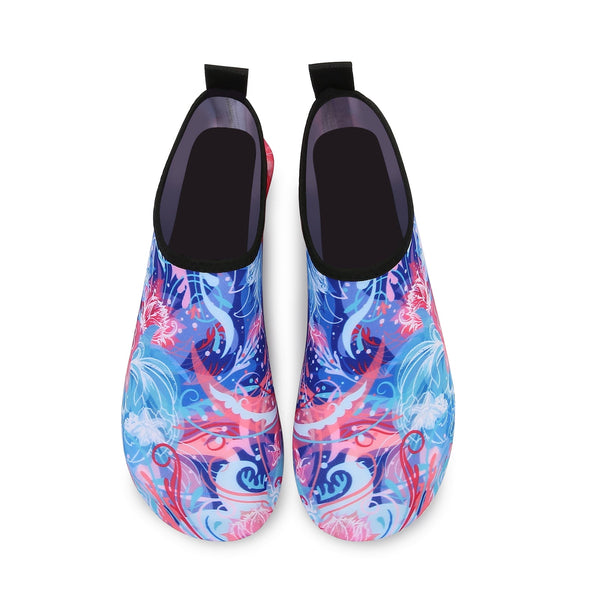 Men and Women a Slip On Barefoot Quick-Dry Beach Aqua Yoga Water Shoes (Floral/Pink Blue)