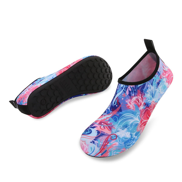 Men and Women a Slip On Barefoot Quick-Dry Beach Aqua Yoga Water Shoes (Floral/Pink Blue)