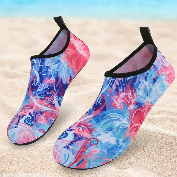 Men and Women a Slip On Barefoot Quick-Dry Beach Aqua Yoga Water Shoes (Floral/Pink Blue)