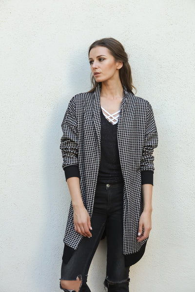 Women Gingham Checkered Casual Open Front Sweater Knit Longline Cardigan - Shop Lev