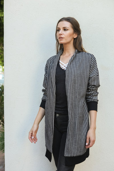 Women Gingham Checkered Casual Open Front Sweater Knit Longline Cardigan - Shop Lev