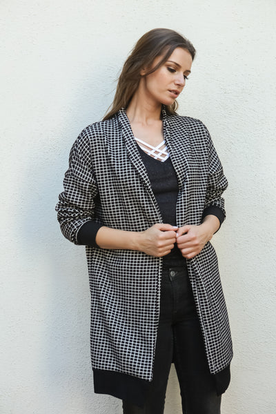 Women Gingham Checkered Casual Open Front Sweater Knit Longline Cardigan - Shop Lev