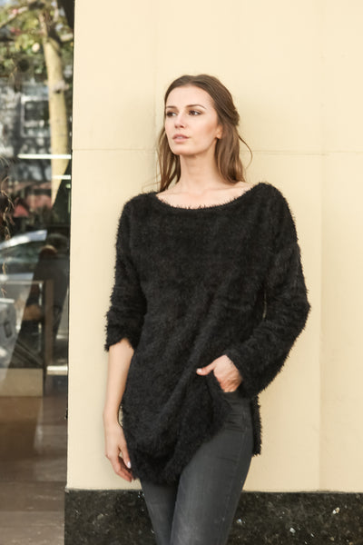 Women Boat Neck Fuzzy Furry Sweater Knit Pullover Loose Fit Tunic Top - Shop Lev