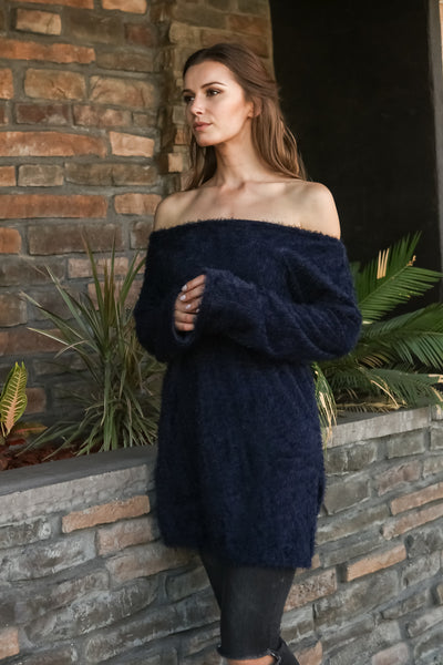 Women Boat Neck Fuzzy Furry Sweater Knit Pullover Loose Fit Tunic Top - Shop Lev