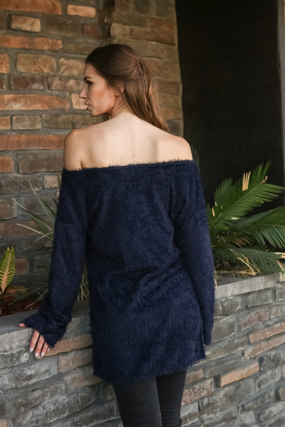 Women Boat Neck Fuzzy Furry Sweater Knit Pullover Loose Fit Tunic Top - Shop Lev