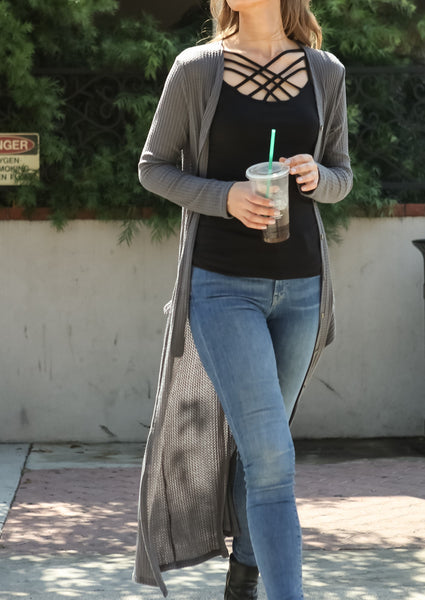 Women Lightweight Waffle Sweater Knit Long Sleeve Drape Maxi Duster Cardigan - Shop Lev