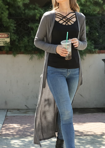 Women Lightweight Waffle Sweater Knit Long Sleeve Drape Maxi Duster Cardigan - Shop Lev